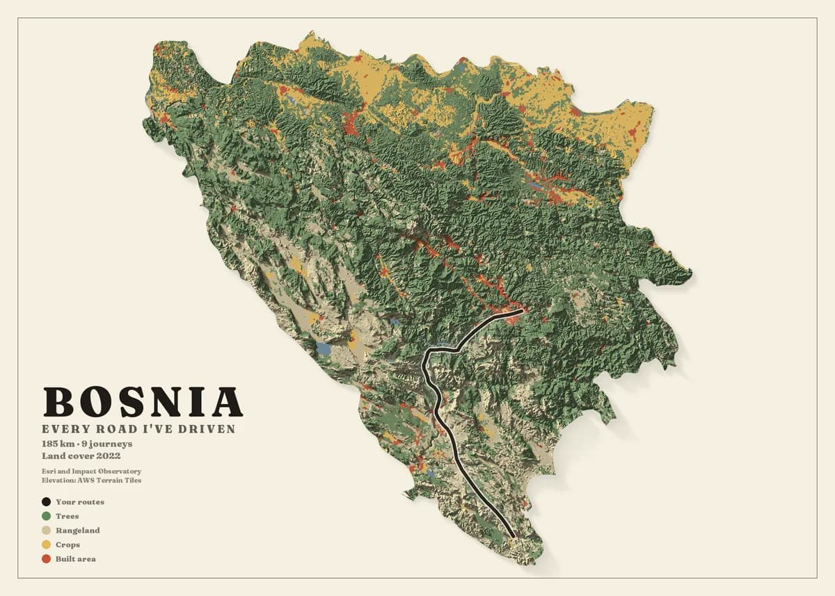 Landscape poster of Bosnia and Herzegovina on cream paper, the country cut out of the sheet and almost entirely dark green forest over deeply shaded relief, with ochre farmland along the northern border. A black route threads down a river valley to the south. The title reads Bosnia.