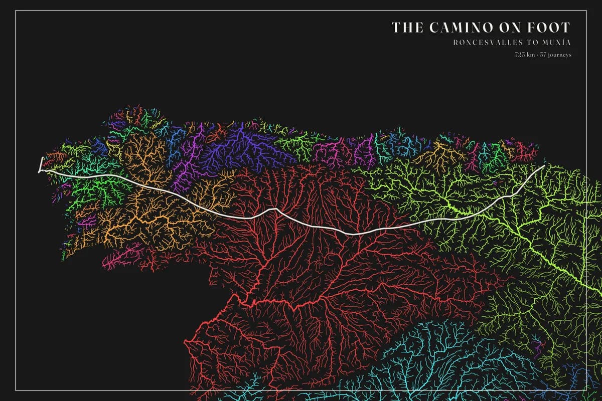 Landscape poster of northern Spain on black paper, every river and stream drawn in colour by the river system it drains into — red for the Duero, green for the Ebro, blue, violet and orange for the short Atlantic rivers of Galicia and the north coast — with the Camino as one white line across the top. The title reads The Camino on foot.