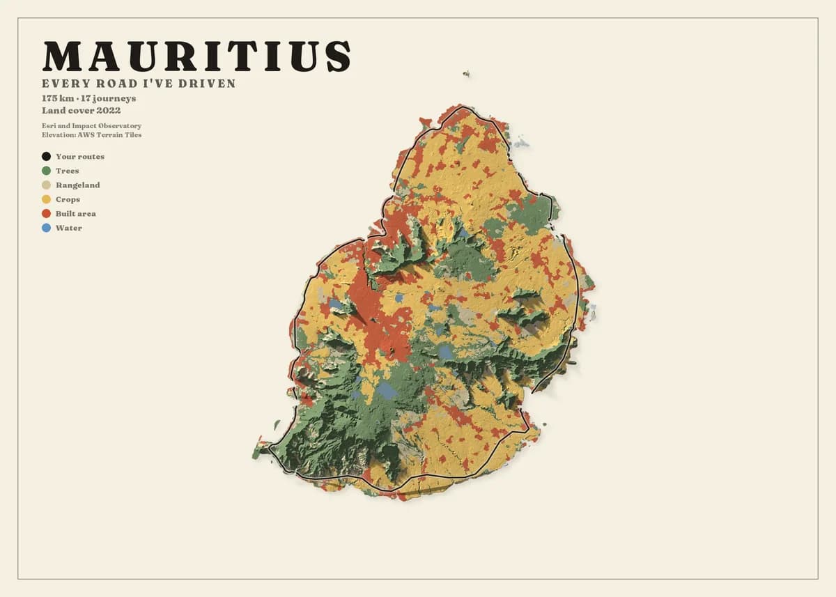 Landscape poster of Mauritius on cream paper, the island cut out of the sheet at close range and painted by land cover — ochre sugar cane across the plateau, dark green forest in the south-west, red built areas around Port Louis — over shaded relief. A black route runs almost the whole way round the coast. The title reads Mauritius.