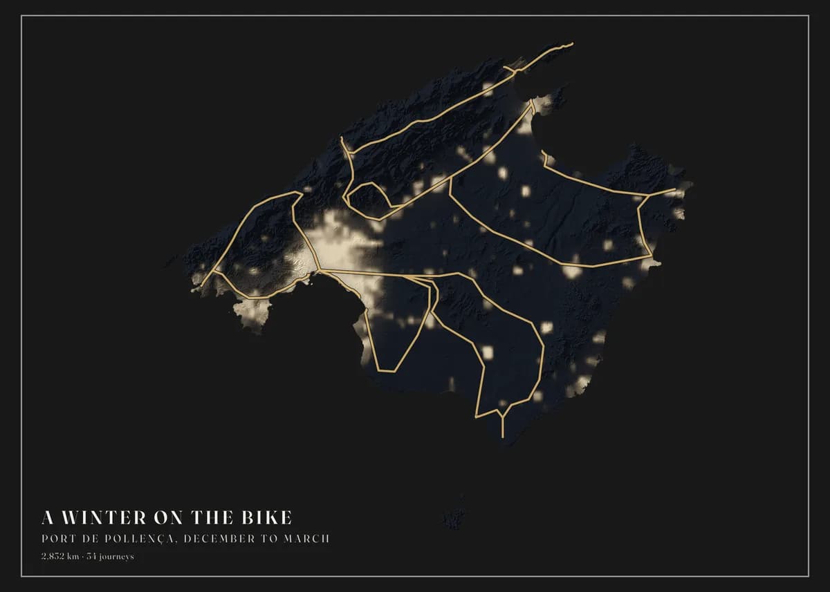 Landscape poster of Mallorca at night on a black background — the glow of Palma and the island's towns over faint dark relief — with gold riding loops across the island. The title reads A winter on the bike.