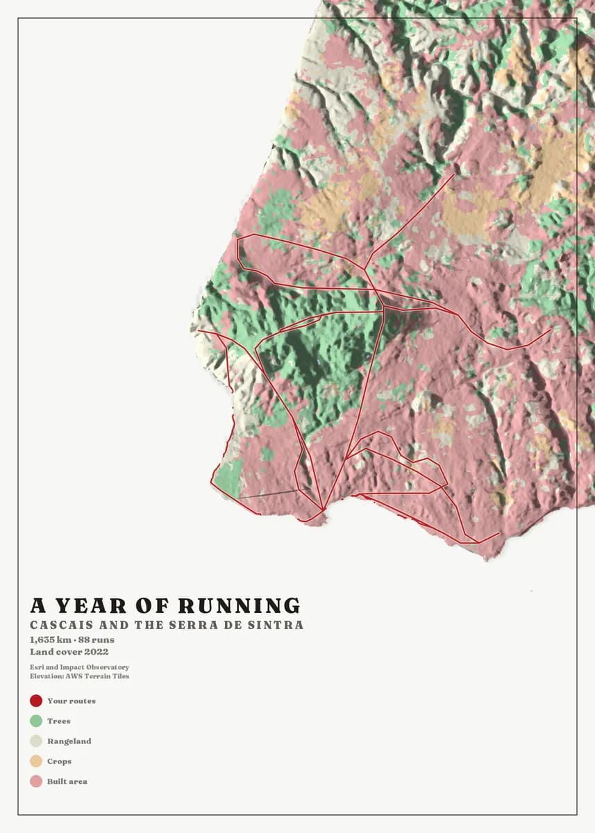 Portrait poster of the Cascais headland on chalk-white paper, the coast cut out of the sheet in pastel land cover — pink built area along the shore, green forest over the Serra de Sintra, pale rangeland on the cliffs — above shaded relief. Dark red running routes fan inland from the sea. The title reads A year of running.