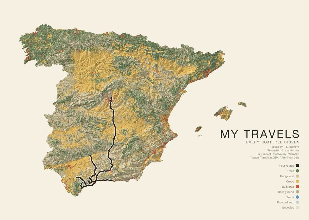 Landscape poster of Spain on cream paper. The country is cut out of the paper and painted by land cover: green forests, yellow crops, grey rangeland and red built areas over shaded relief. A black route runs from the centre of the country south to the coast. The title reads My travels.