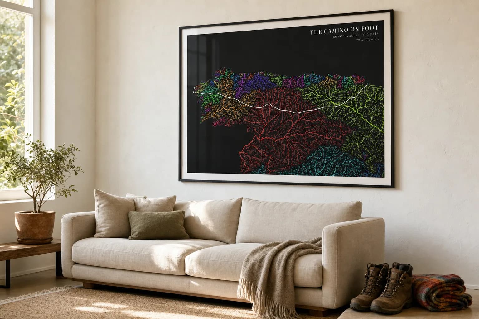 The Camino across northern Spain as River basins — every river drawn in bright colour by the system it drains into, on black paper — hung large in a matte-black frame with a white mount above an oatmeal linen sofa, walking boots on the floor beside it.