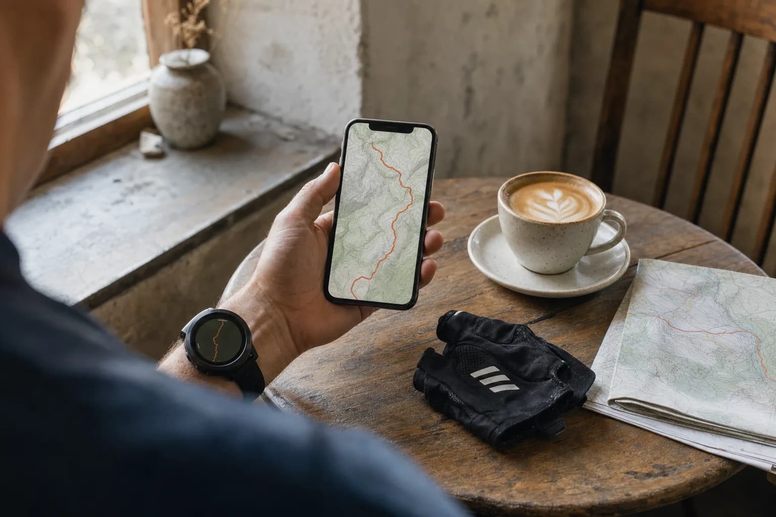 A cyclist at a café table holding a phone showing a route on a map, a GPS watch on the same wrist.